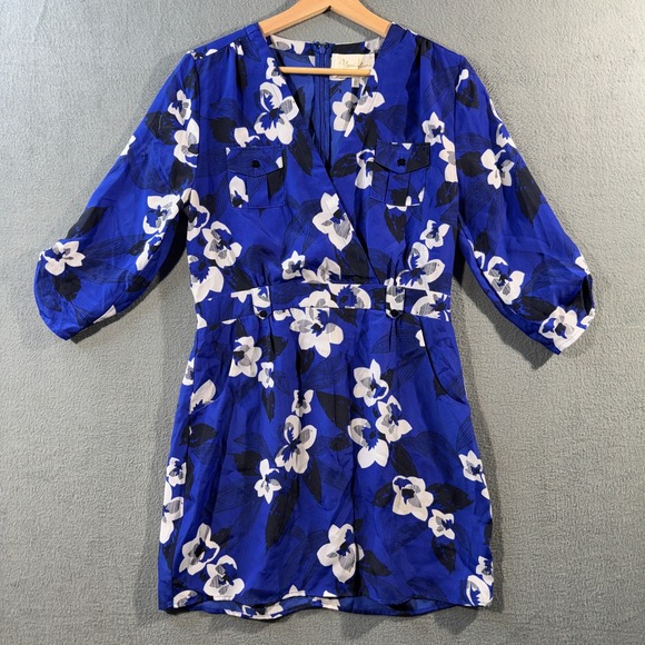 Yumi Kim Pants - Yumi Kim Blue Floral V-Neck Romper 3/4 Sleeve Pockets Womens Small Back Zipper